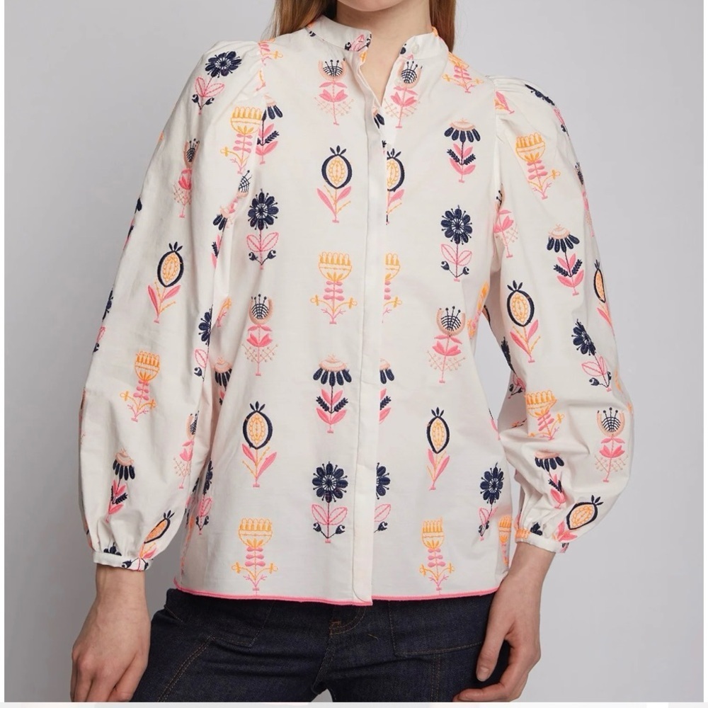 Villagallo Floral Embroidered Women's Top - White and Pink puff sleeve Sz 46 UsL